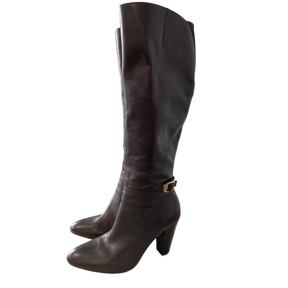 Marc Fisher Shayna Tall Boots Size 8 Almond Toe Brown Leather Gold Buckle Strap - Picture 1 of 10